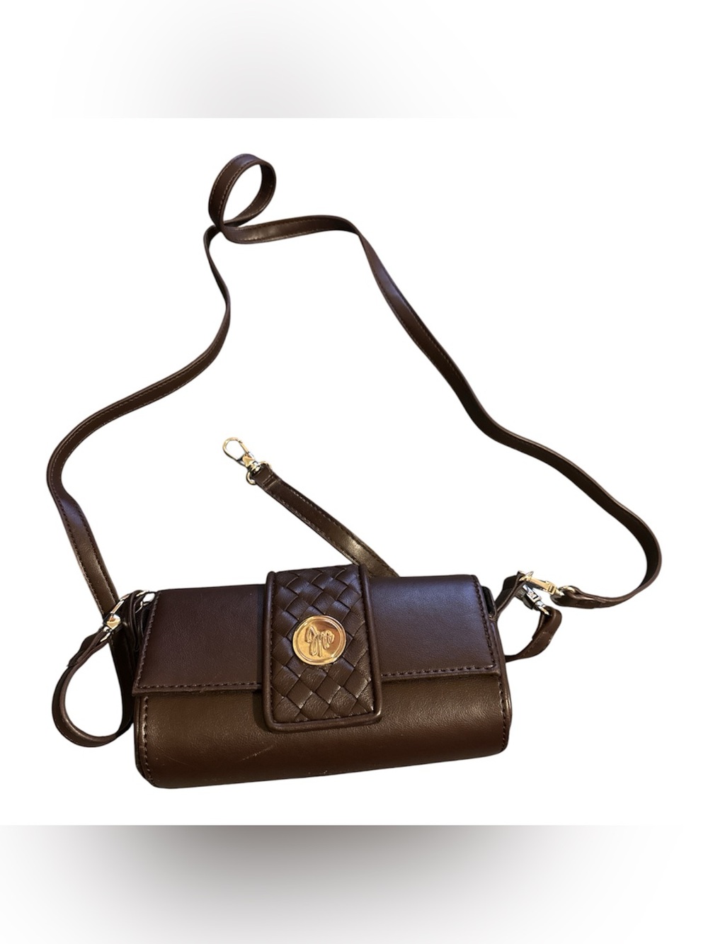 Women’s Brown Leather Crossbody Bag with Woven Flap small